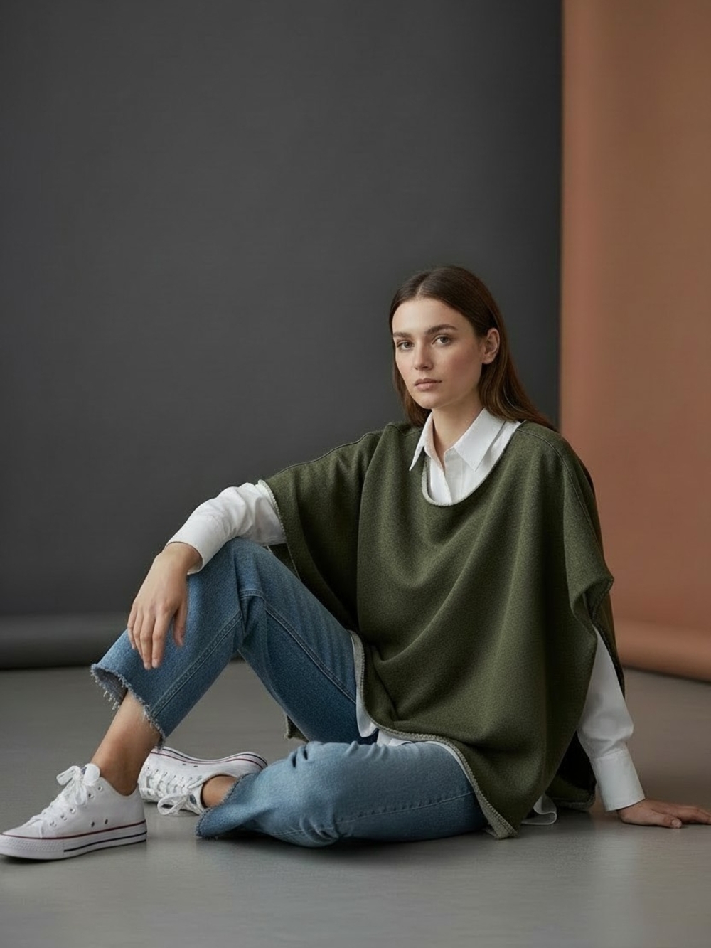 Frank & Eileen Triple Fleece Raw Rolled Edge Capelet Poncho Olive Green One Size